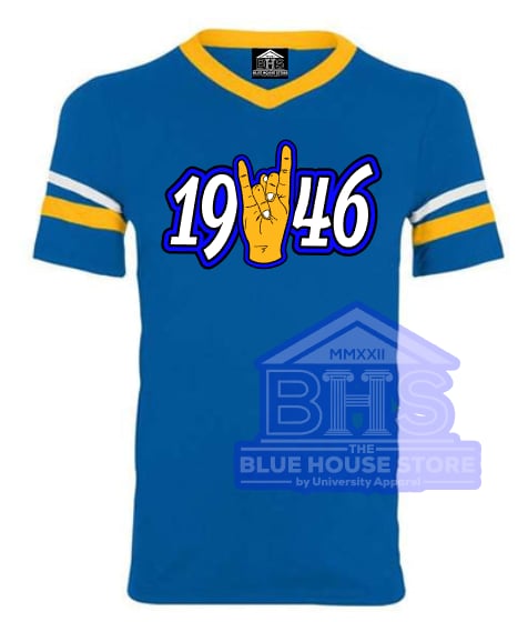 Tau Beta Sigma Date & Hand Sign Football Tees Royal/Gold