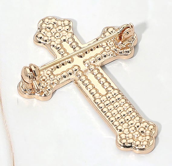 Rhinestone Cross Brooch Gold