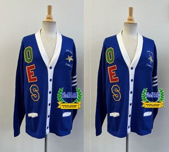 OES Striped Cardigan Sweater with wording