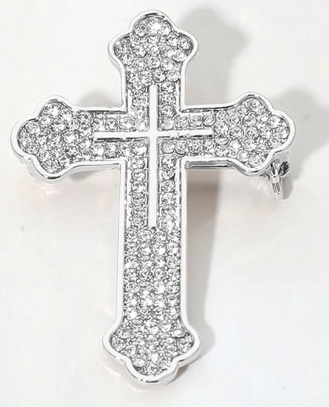 Rhinestone Cross Brooch Silver