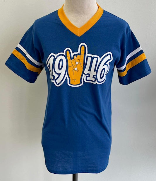 Tau Beta Sigma Date & Hand Sign Football Tees Royal/Gold